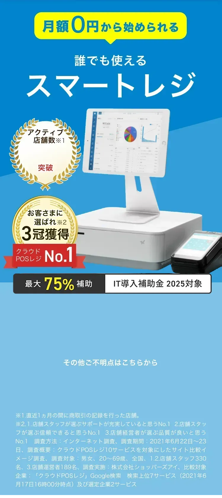 月額0円から始められる 誰でも使えるスマートレジ お客さまに選ばれ3冠獲得 クラウドPOSレジNo.1 ※ 1.店舗スタッフが選ぶサポートが充実していると思うNo.1  2.店舗スタッフが選ぶ信頼できると思うNo.1  3.店舗経営者が選ぶ品質が良いと思うNo.1　調査方法：インターネット調査、調査期間：2021年6月22日～23日、調査概要：クラウドPOSレジ10サービスを対象にしたサイト比較イメージ調査、調査対象：男女、20～69歳、全国、1.2.店舗スタッフ330名、3.店舗運営者189名、調査実施：株式会社ショッパーズアイ、比較対象企業：「クラウドPOSレジ」Google検索　検索上位7サービス（2021年6月17日16時00分時点）及び選定企業2サービス