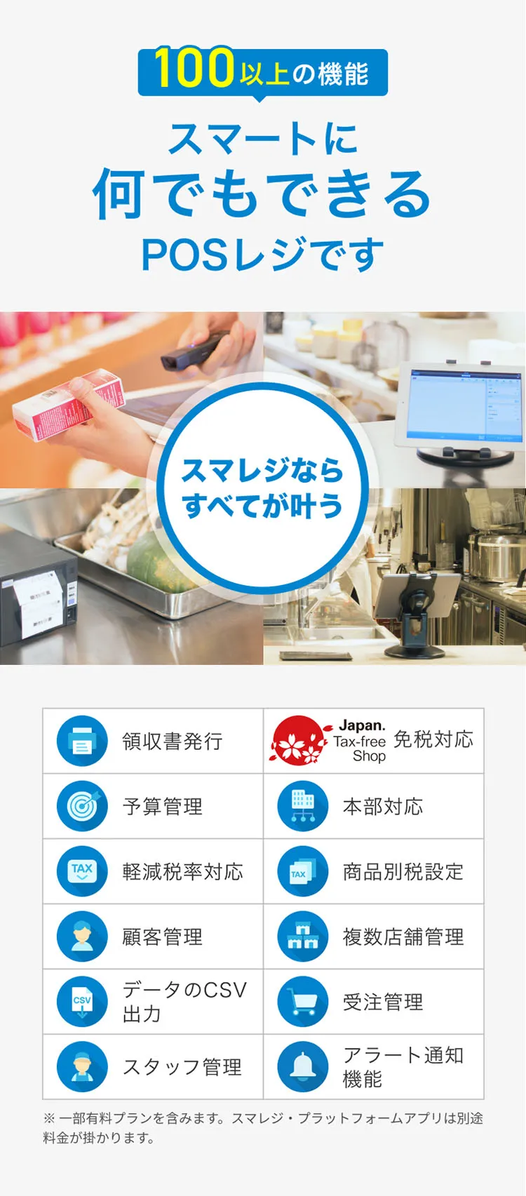 スマレジならすべてが叶う 100以上の機能 スマートに何でもできるPOSレジです レジ機能 本部対応 顧客管理 受注管理 免税対応 軽減税率対応 複数店舗管理 スタッフ管理 予算管理 商品別税設定 データのCSV出力 アラート通知機能