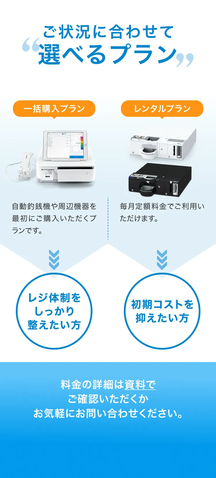 ご状況に合わせて選べるプラン 一括購入プラン：自動釣銭機や周辺機器を最初にご購入いただくプランです。＞レジ体制をしっかり整えたい方 レンタルプラン：毎月定額料金でご利用いただけます。＞初期コストを抑えたい方 料金の詳細は資料でご確認いただくかお気軽にお問い合わせください。