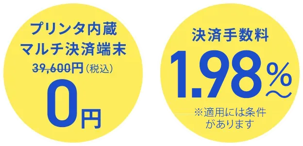 プリンタ内蔵マルチ決済端末39,600円（税込）→0円 決済手数料3.24％〜お得に！