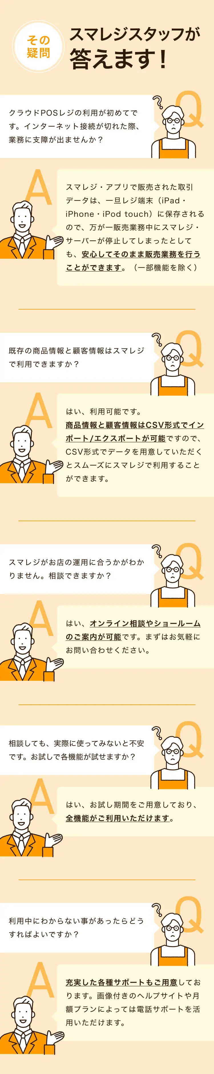 その疑問 スマレジスタッフが答えます！ Q クラウドPOSレジの利用が初めてです。インターネット接続が切れた際、業務に支障が出ませんか？ A スマレジ・アプリで販売された取引データは、一旦レジ端末（iPad・iPhone・iPod touch）に保存されるので、万が一販売業務中にスマレジ・サーバーが停止してしまったとしても、安心してそのまま販売業務を行うことができます。（一部機能を除く） Q 既存の商品情報と顧客情報はスマレジで利用できますか？ A はい、利用可能です。商品情報と顧客情報はCSV形式でインポート/エクスポートが可能ですので、CSV形式でデータを用意していただくとスムーズにスマレジで利用することができます。 Q スマレジがお店の運用に合うかがわかりません。相談できますか？ A はい、オンライン相談やショールームのご案内が可能です。まずはお気軽にお問い合わせください。 Q 相談しても、実際に使ってみないと不安です。お試しで各機能が試せますか？ A 相談しても、実際に使ってみないと不安です。お試しで各機能が試せますか？ Q 利用中にわからない事があったらどうすればよいですか？ A 充実した各種サポートもご用意しております。画像付きのヘルプサイトや月額プランによっては電話サポートを活用いただけます。