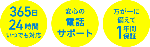 365日24時間いつでも対応 安心の電話サポート 万が一に備えて1年間保証