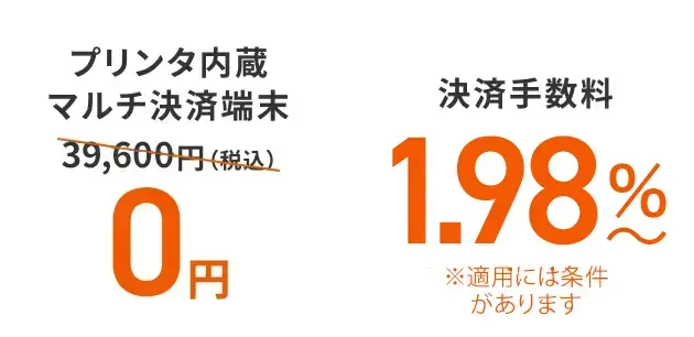 プリンタ内蔵マルチ決済端末39,600円（税込）→0円 決済手数料3.24％〜お得に！