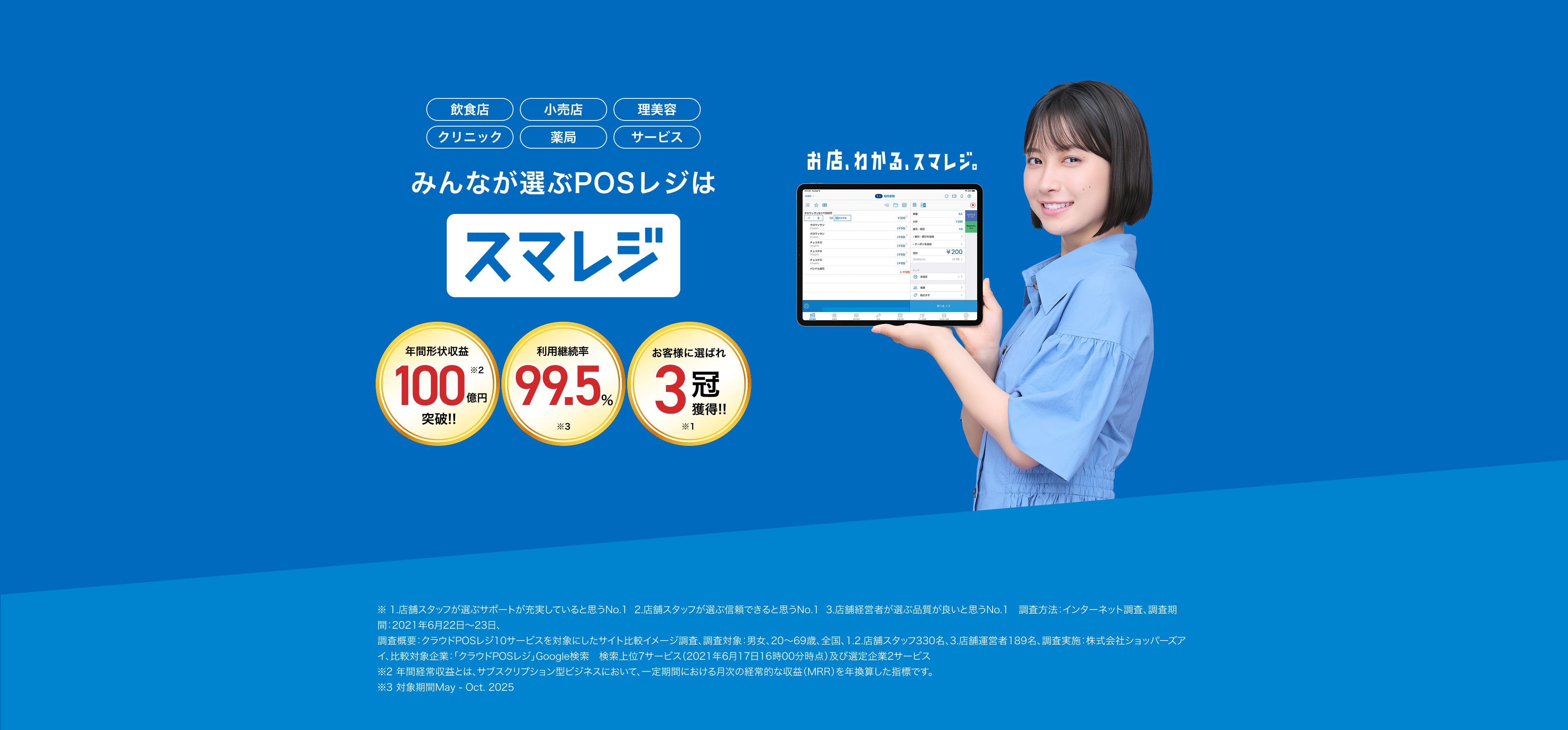 飲食店 小売 クリニック みんなが選ぶPOSレジはスマレジ 登録110,000店舗突破 継続率99.4% ※月額 0円〜 ※2021年5月-2022年4月平均 2023年10月開始 インボイス制度に完全対応