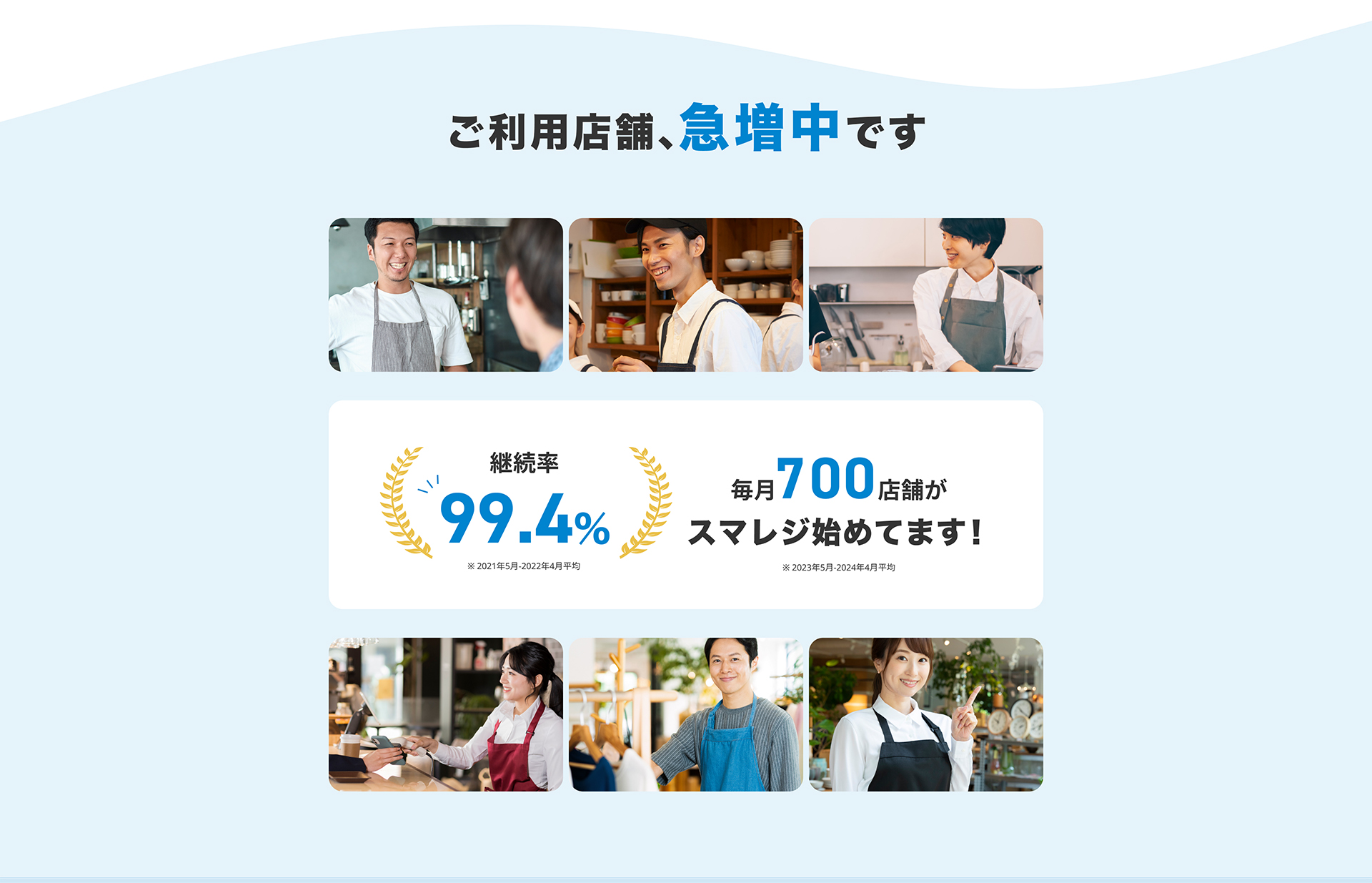 ご利用店舗、急増中です 毎月店舗がスマレジ始めてます！※ 継続率99.4%※ ※2021年5月-2022年4月平均