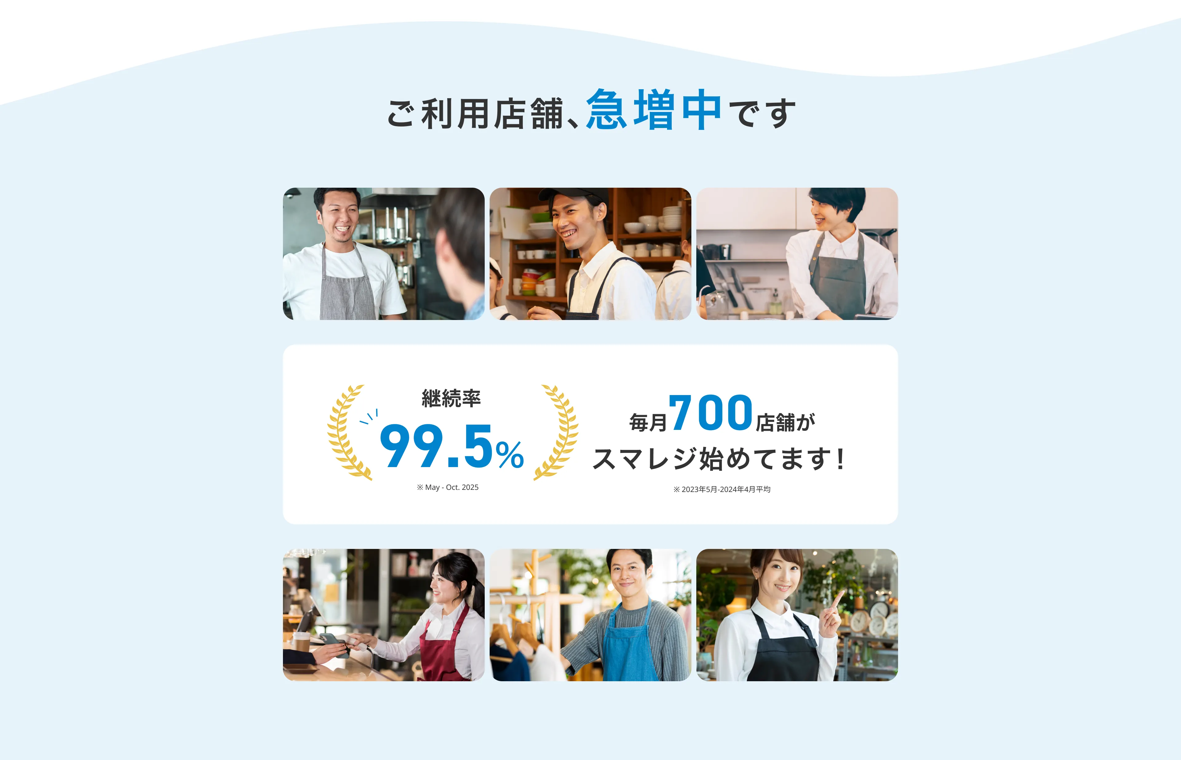 ご利用店舗、急増中です 毎月店舗がスマレジ始めてます！※ 継続率99.4%※ ※2021年5月-2022年4月平均