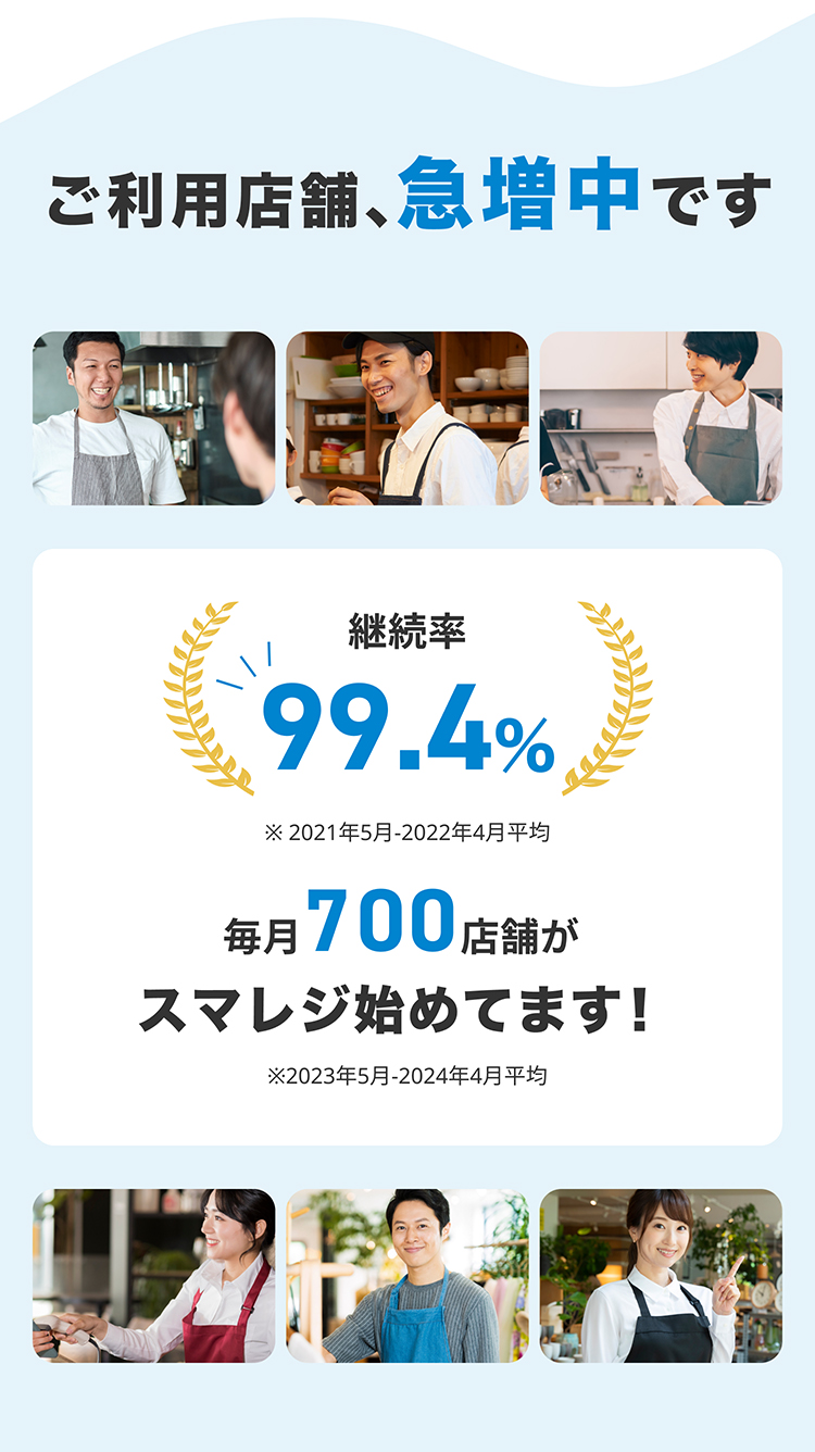 ご利用店舗、急増中です 毎月店舗がスマレジ始めてます！※ 継続率99.4%※ ※2021年5月-2022年4月平均