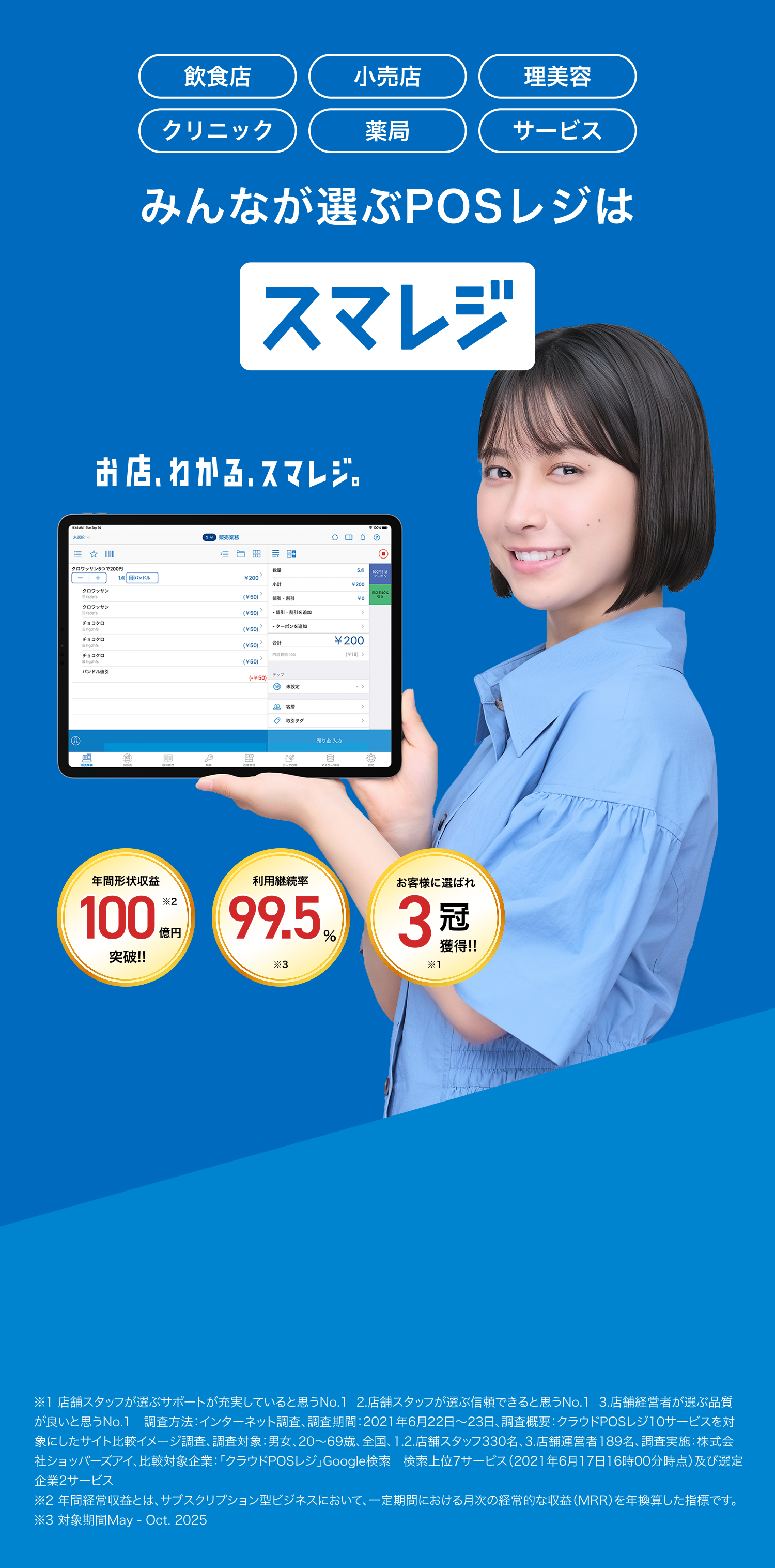 飲食店 小売 クリニック みんなが選ぶPOSレジはスマレジ 登録110,000店舗突破 継続率99.4% ※月額 0円〜 ※2021年5月-2022年4月平均 2023年10月開始 インボイス制度に完全対応