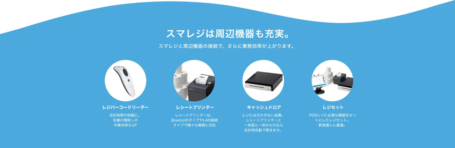 スマレジは周辺機器も充実！スマレジと周辺機器の接続で、 さらに業務効率が上がります。レジバーコードリーダー、会計時間の短縮に。在庫の棚卸しの作業効率もUP。レシートプリンター、レシートプリンターは、BluetoothタイプやLAN接続タイプで様々な業務に対応。キャッシュドロア、レジには欠かせない金庫。レシートプリンターと一体型と一体のものなら会計時自動で開きます。レジセット、POSレジに必要な機器をセットにしたレジセット。新規導入に最適。
