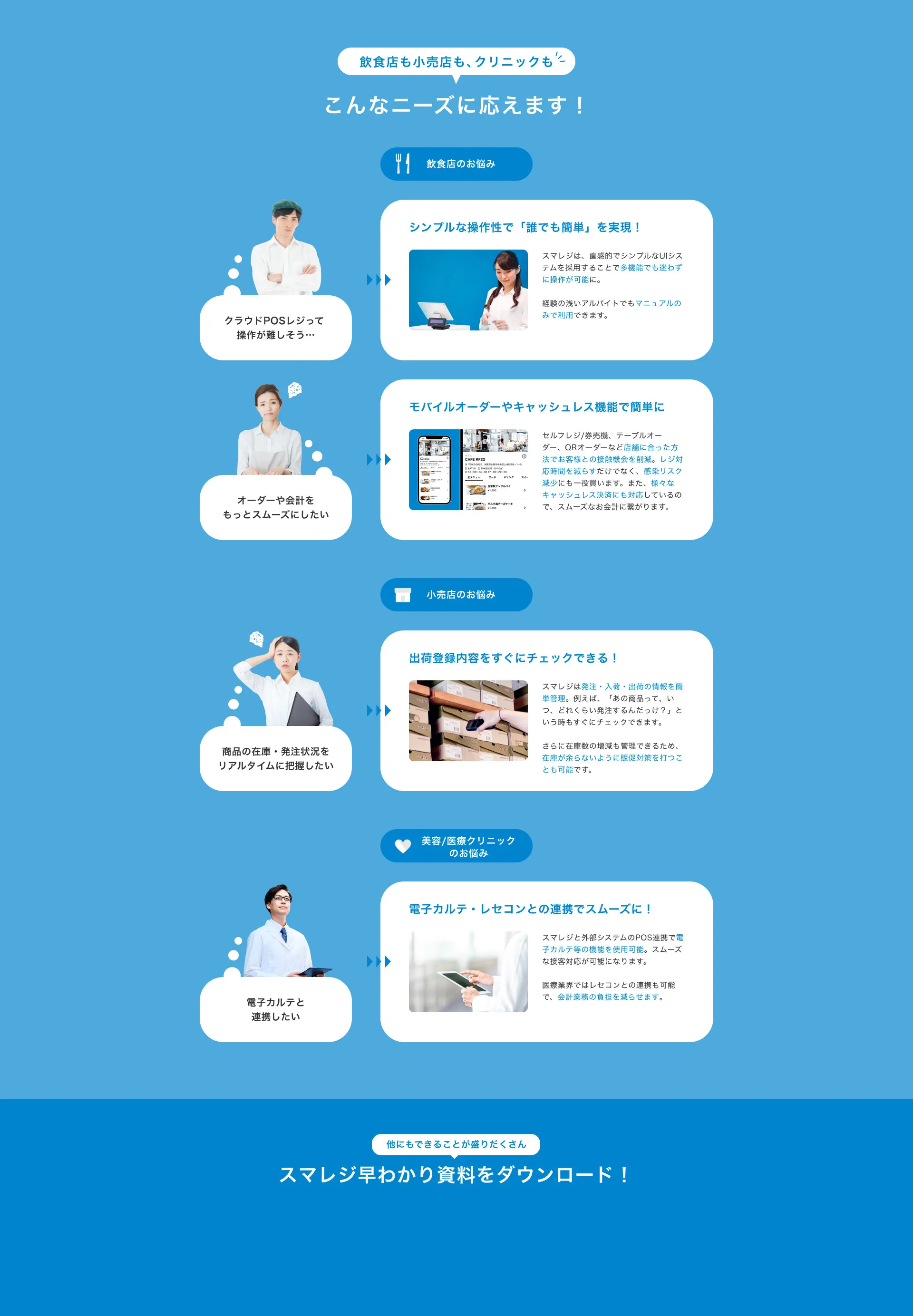 飲食店も小売店も、クリニックも。こんなニーズに応えます！飲食店のお悩み。クラウドPOSレジって操作が難しそう･･･シンプルな操作性で「誰でも簡単」を実現！スマレジは直感的でシンプルなUIシステムを採用することで多機能でも迷わずに操作が可能に。経験の浅いアルバイトでもマニュアルのみで利用できます。オーダーや会計をもっとスムーズにしたい･･･モバイルオーダーやキャッシュレス機能で簡単に。セルフジレ/券売機、テーブルオーダー、QRオーダーなど店舗に合った方法でお客様との接触機会を削減。レジ対応時間を減らすだけでなく、感染リスク減少にも一役買います。また、様々なキャッシュレス決済にも対応しているので、スムーズなお会計に繋がります。小売店のお悩み。商品の在庫・発注状況をリアルタイムに把握したい･･･出荷登録内容をすぐにチェックできる！スマレジは発注・入荷・出荷の情報を簡単管理。例えば「あの商品って、いつ、どれくらい発注するんだっけ？」というときにもすぐにチェックできます。さらに在庫数の増減も管理できるため、在庫が余らないように販促対策をうつことも可能です。美容/医療クリニックのお悩み。電子カルテと連携したい･･･電子カルテ・レセコンとの連携でスムーズに！スマレジと外部システムのPOS連携で電子カルテ等の機能を使用可能。スムーズな接客対応が可能になります。医療業界ではレセコンとの連携も可能で、会計業務の負担を減らせます。他にもできることが盛りだくさん。スマレジ早わかり資料をダウンロード!