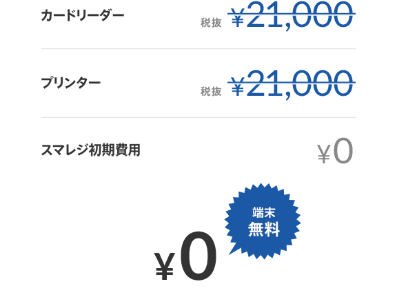 カードリーダー 税抜¥21,000 -> ¥0。プリンター 税抜¥21,000 -> ¥0。
