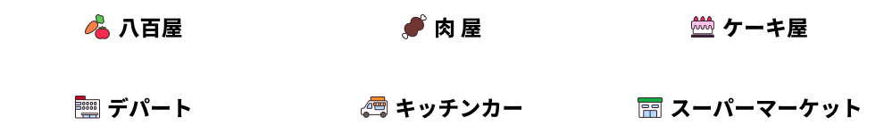 八百屋、肉屋、ケーキ屋、デパート、キッチンカー、スーパーマーケット