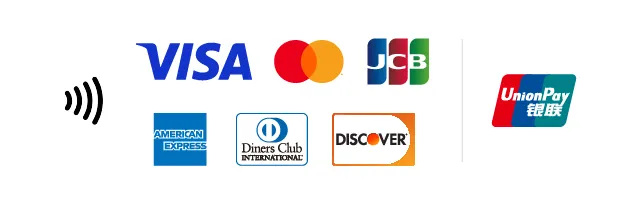 JCB、VISA、mastercard、AMERICAN EXPRESS、Diners Club INTERNATIONAL、UnionPay、DISCOVER、SAISON CARD INTERNATIONAL